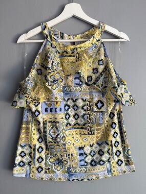 Cato Women Cold Shoulder Ruffle Top Sz M Yellow Blue Mosaic Print Mediterranean